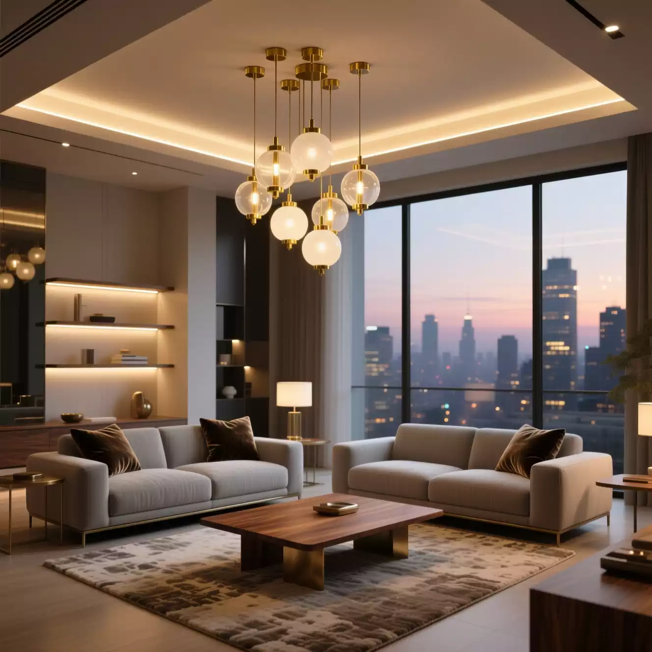 چراغ‌های دکوراتیو در سالن پذیرایی مدرن