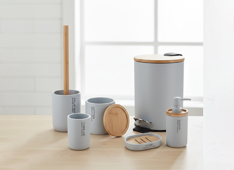 ست اکسسوری حمام طوسی با جزئیات چوب بامب