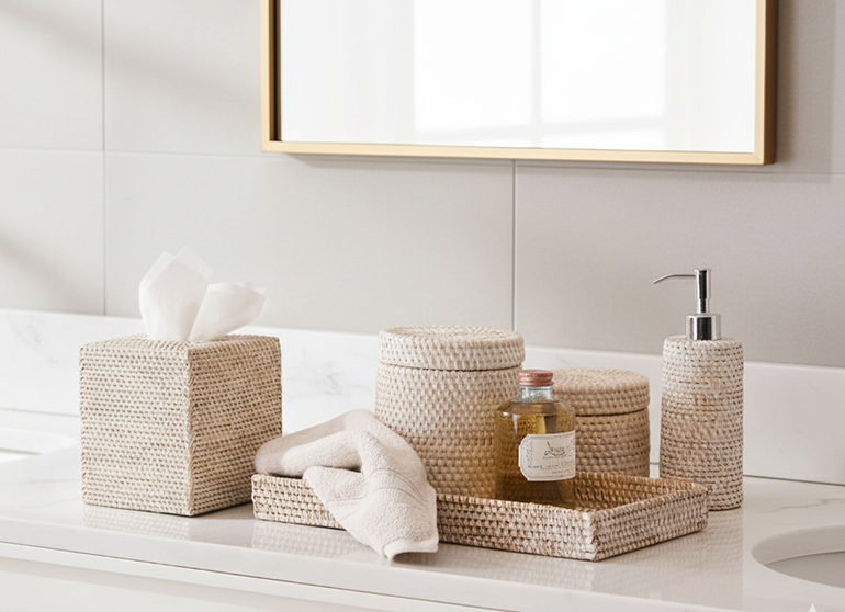 ست اکسسوری بهداشتی حصیری به رنگ کرم