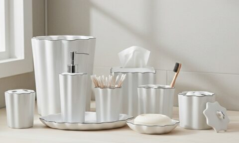 ست کامل اکسسوری بهداشتی سرامیکی سفید رنگ با طراحی موج‌دار و لبه‌های مشکی. این مجموعه شامل سطل، جای دستمال، پمپ مایع، جای صابون، جای مسواک، و ظروف دردار است