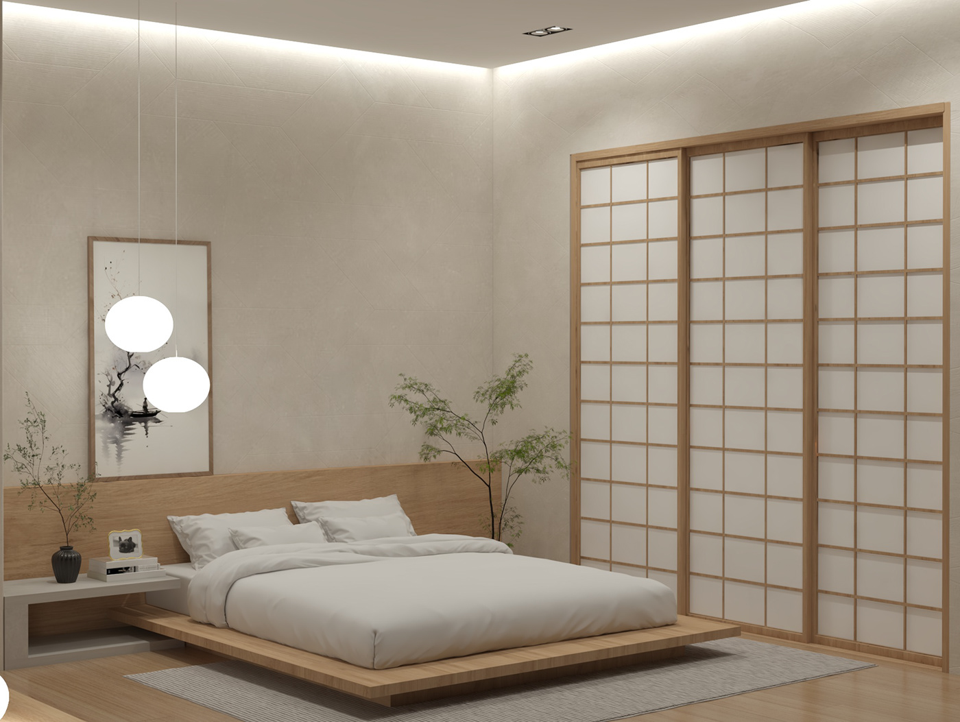 گیاهان بامبو و ساکولنت در اتاق خواب مینیمال ژاپنی