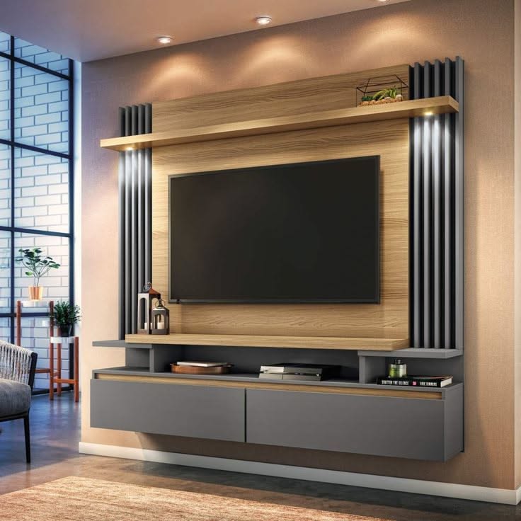 میز تلویزیون دیواری با نور LED مخفی در پشت صفحه نمایش برای ایجاد فضایی دلنشین