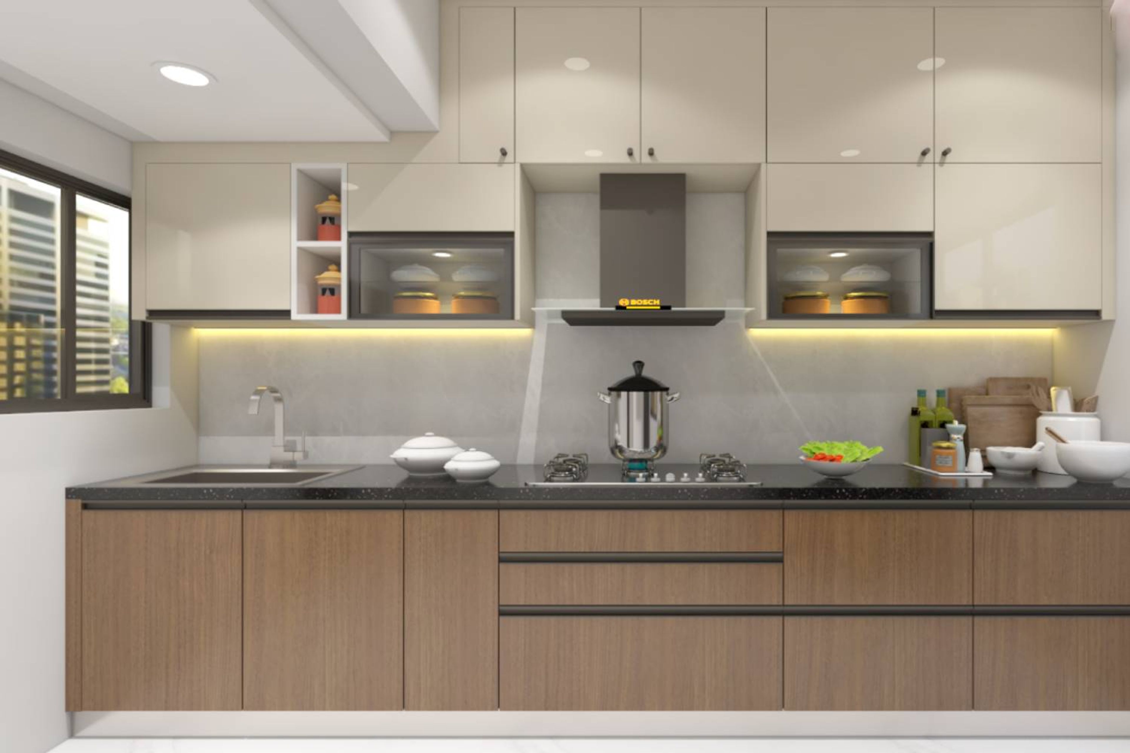 آشپزخانه با کابینتهای تا زیر سقف و نور LED مخفی داخل قفسهها